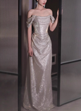 Modest Sheath Off-the-shoulder Long Evening Gowns Silver Glitter Special Formal Dresses Prom Dresses HZ1121
