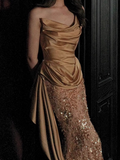 Elegant Mermaid Strapless Long Evening Gowns Champagne Sequin Satin Special Formal Dresses Prom Dresses HZ1121