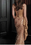 Elegant Mermaid Strapless Long Evening Gowns Champagne Sequin Satin Special Formal Dresses Prom Dresses HZ1121