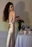Elegant Sheath Spaghetti Strap Long Evening Gowns Satin Open Back Special Formal Dresses Prom Dresses HZ1121