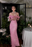 Elegant Sheath Spaghetti Strap Long Evening Gowns Pink Sequin Special Formal Dresses Prom Dresses HZ1121