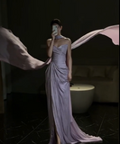 Elegant Sheath Sweetheart Neck Long Evening Gowns Purple Chiffon Special Formal Dresses Pleated Slits Prom Dresses HZ1121