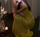 Elegant Sheath Spaghetti Strap Long Evening Gowns Yellow Sequins Special Formal Dresses Slit Prom Dresses HZ1121