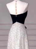 Elegant A-Line One Shoulder Evening Gown Black Sparkly Formal Dress Sequin Long Prom Dresses HZ1121