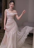 Elegant Sheath Off-the-shoulder Evening Gown Tulle Modest Formal Dress Long Prom Dresses HZ1121