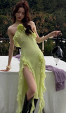 Stunning Sheath Halter Evening Gown Chiffon Ruffle Green Formal Dress Party Dress HZ1121