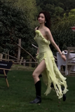Stunning Sheath Halter Evening Gown Chiffon Ruffle Green Formal Dress Party Dress HZ1121