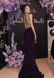 Stunning Mermaid Spaghetti Strap Evening Gown Dark Purple Open Back Formal Dress Sequins Long Prom Dress HZ1121