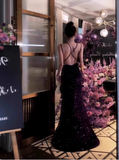 Stunning Mermaid Spaghetti Strap Evening Gown Dark Purple Open Back Formal Dress Sequins Long Prom Dress HZ1121