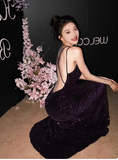 Stunning Mermaid Spaghetti Strap Evening Gown Dark Purple Open Back Formal Dress Sequins Long Prom Dress HZ1121