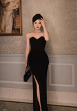 Modest Sheath Sweetheart Neck Long Evening Gown Black Formal Dress Elegant Birthday Dress HZ1121