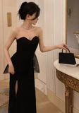 Modest Sheath Sweetheart Neck Long Evening Gown Black Formal Dress Elegant Birthday Dress HZ1121