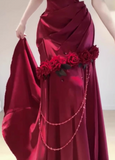 Modest Mermaid One-shoulder Long Evening Gown Burgundy Formal Dress Applique Satin Slit Prom Dress HZ1121