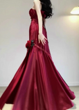 Modest Mermaid One-shoulder Long Evening Gown Burgundy Formal Dress Applique Satin Slit Prom Dress HZ1121