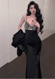 Modest Sheath Spaghetti Strap Long Evening Gown Black Formal Dress Elegant Sequin Satin Birthday Prom Dress HZ1121