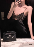 Modest Sheath Spaghetti Strap Long Evening Gown Black Formal Dress Elegant Sequin Satin Birthday Prom Dress HZ1121