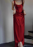 Modest Sheath Square Neck Long Evening Gown Burgundy Formal Dress Elegant Satin Prom Dress HZ1121