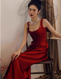 Modest Sheath Square Neck Long Evening Gown Burgundy Formal Dress Elegant Satin Prom Dress HZ1121
