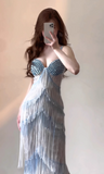 Modest Sheath Sweetheart Neck Long Evening Gown Blue Beaded Formal Dress Elegant Tassel Prom Dress HZ1121