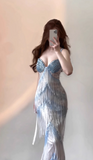 Modest Sheath Sweetheart Neck Long Evening Gown Blue Beaded Formal Dress Elegant Tassel Prom Dress HZ1121