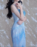 Modest Sheath Sweetheart Neck Long Evening Gown Blue Beaded Formal Dress Elegant Tassel Prom Dress HZ1121