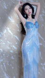 Modest Sheath Sweetheart Neck Long Evening Gown Blue Beaded Formal Dress Elegant Tassel Prom Dress HZ1121