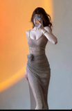 Modest Sheath Spaghetti Strap Long Evening Gown Champagne Metal Mesh Formal Dress Elegant Birthday Prom Dress HZ1121