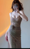 Modest Sheath Spaghetti Strap Long Evening Gown Champagne Metal Mesh Formal Dress Elegant Birthday Prom Dress HZ1121