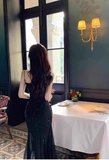 Stunning Mermaid Spaghetti Strap Long Evening Gown Black Chiffon Formal Dress Elegant Birthday Prom Dress HZ1121