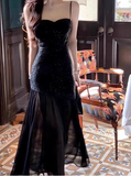 Stunning Mermaid Spaghetti Strap Long Evening Gown Black Chiffon Formal Dress Elegant Birthday Prom Dress HZ1121