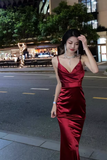 Stunning Mermaid Spaghetti Strap Long Evening Gown Burgundy Satin Formal Dress Elegant Birthday Dress HZ1121