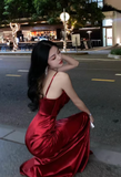 Stunning Mermaid Spaghetti Strap Long Evening Gown Burgundy Satin Formal Dress Elegant Birthday Dress HZ1121