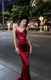 Stunning Mermaid Spaghetti Strap Long Evening Gown Burgundy Satin Formal Dress Elegant Birthday Dress HZ1121
