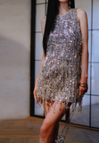 Sparkly Sheath Round Neck Homecoming Dress Tassel Beaded Short Birthday Dress Sequin Sweet Party Dress HZ1121