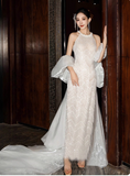 Modest White Bridal Dress Ball Gown Round Neck Tulle Beads Long Wedding Dress Elegant Tassel Sequins Bridal Gowns HZ1121