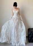 Modest A-Line Sweetheart Neck Bridal Dress White Long Wedding Dress Elegant Lace Applique Bridal Gowns HZ1121