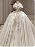 Modest Ball Gown Off-the-shoulder Bridal Dress White Tulle Long Wedding Dress Elegant Beading Applique Bridal Gowns HZ1121