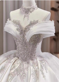 Modest Ball Gown Off-the-shoulder Bridal Dress White Tulle Long Wedding Dress Elegant Beading Applique Bridal Gowns HZ1121