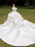 Modest Ball Gown Off-the-shoulder Bridal Dress White Satin Long Wedding Dress Elegant Bridal Gowns HZ1121