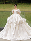 Modest Ball Gown Off-the-shoulder Bridal Dress White Satin Long Wedding Dress Elegant Bridal Gowns HZ1121