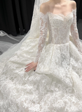 Modest Ball Gown Off-the-shoulder Bridal Dress White Tulle Lace Long Wedding Dress Elegant Applique Bridal Gowns HZ1121