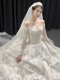 Modest Ball Gown Off-the-shoulder Bridal Dress White Tulle Lace Long Wedding Dress Elegant Applique Bridal Gowns HZ1121