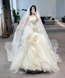 Elegant Mermaid Light Champagne Strapless Mermaid Bridal Dress Tulle 3D Applique Wedding Dress Simple Bridal Gown HZ1121