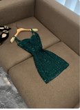 Sexy Dark Green Sheath Short Formal Dress Chiffon Rhinestone Birthday Party Dress Elegant Graduation Dress HZ1121