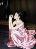 Modest Pink Empire Dress Satin Strapless Long Evening Dress Elegant Formal Dress Wedding Guest Dress HZ1121
