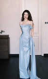Elegant Blue Sheath Formal Evening Dress Satin Strap Birthday Dress Stunning Graduation Dress HZ1121