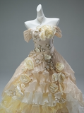 Stunning Flower Ball Gown Off-the-shoulder Gradient Yellow Tulle Lace Tiered Long Quinceanera Dress Formal Gowns Vestido De 15 Anos Sweet 16 Dress HZ1121