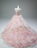 Stunning Off-the-Shoulder Ball Gown Tiered Tulle Flower Long Quinceanera Dress Pink Formal Gowns Vestido De 15 Anos Sweet 16 Dress HZ1121
