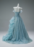 Stunning Off-the-Shoulder Ball Gown Tiered Sequined Mesh Flower Long Quinceanera Dress Blue Formal Gowns Vestido De 15 Anos Sweet 16 Dress HZ1121