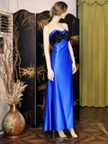 Elegant Sheath Long Evening Dress Satin Modest Birthday Party Dress Strapless Royal Blue Formal Dress HZ1121